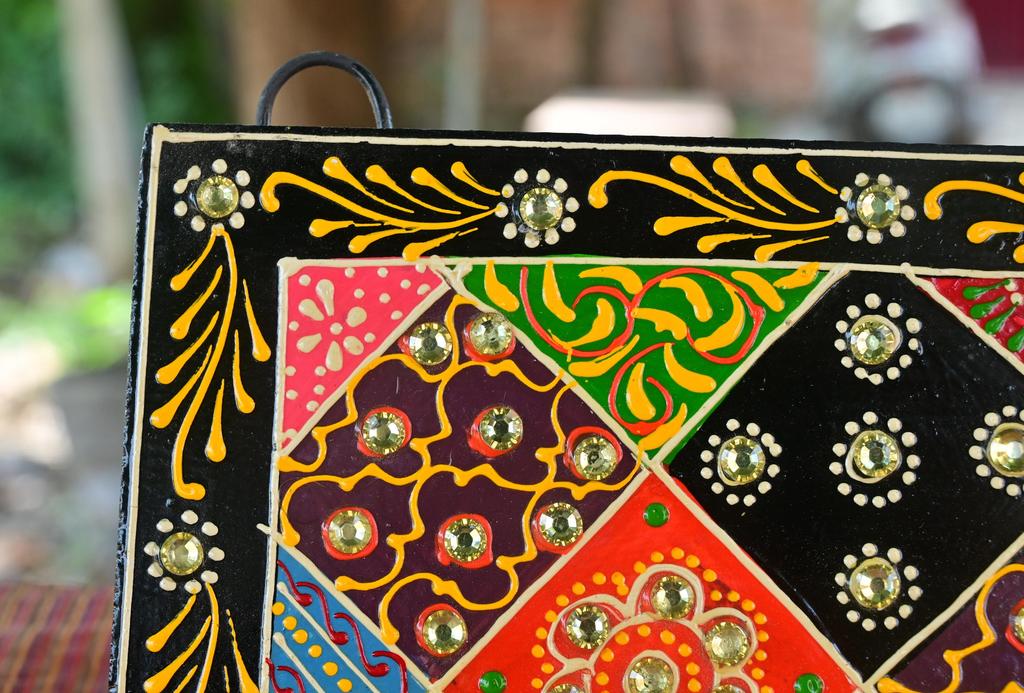 Hand-Painted Indian Folk Art Panel: Boho Wall Decor with Mirror