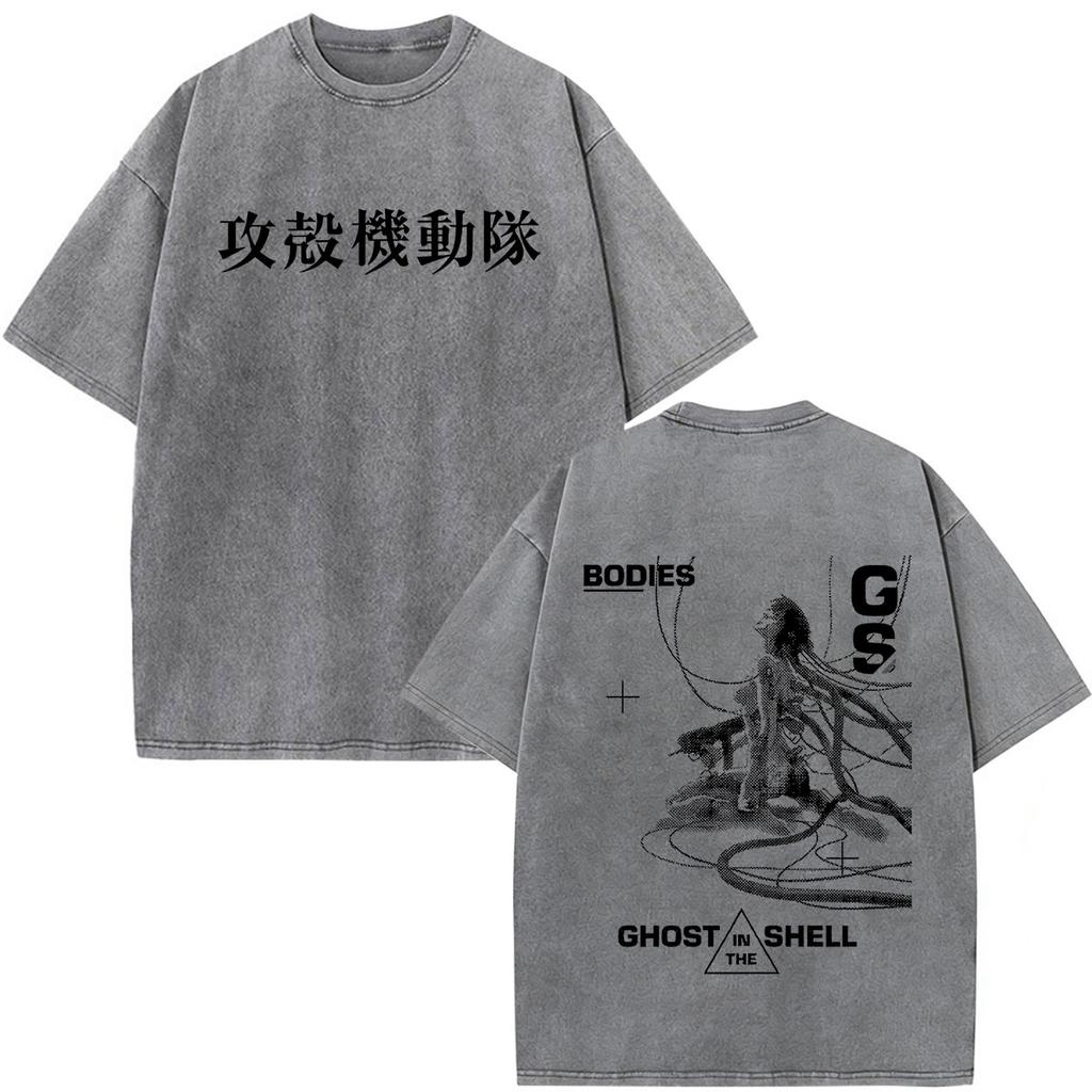 Camisetas Gráficas Vintage Lavadas de Anime Ghost in The Shell Motoko Kusanagi para Hombre y Mujer Moda Camisetas de Manga Corta Oversize