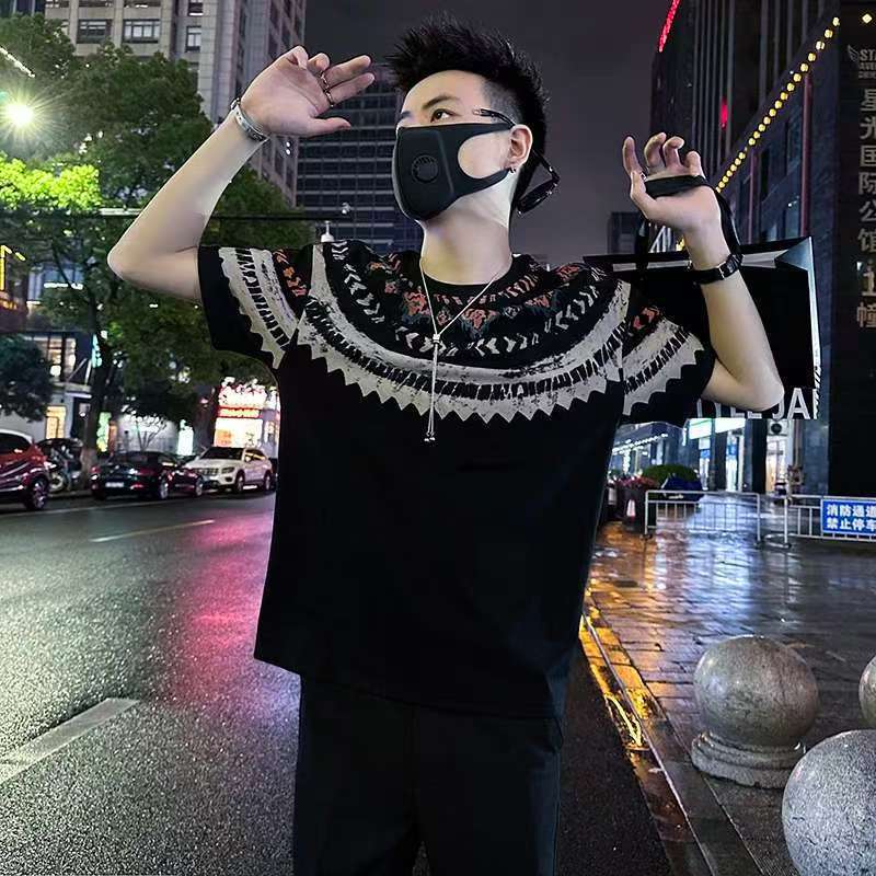 Men s Ethnic Geometric Print T-Shirt Black Short Sleeve Crew Neck Casual Loose Streetwear Summer Tee L чёрный