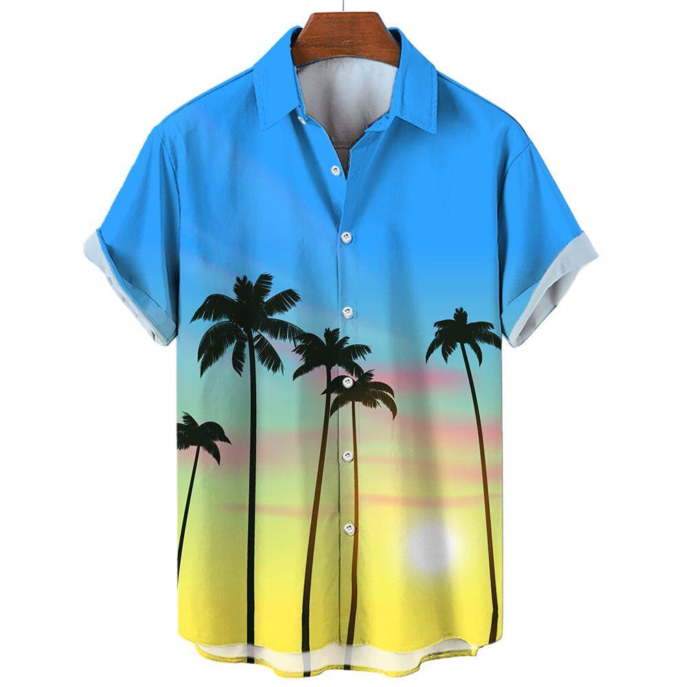 Beach Leisure Vacation Hawaiian Coconut Tree Print Tops Men's Short-sleeved Shirts Summer Fashion Oversized Tops