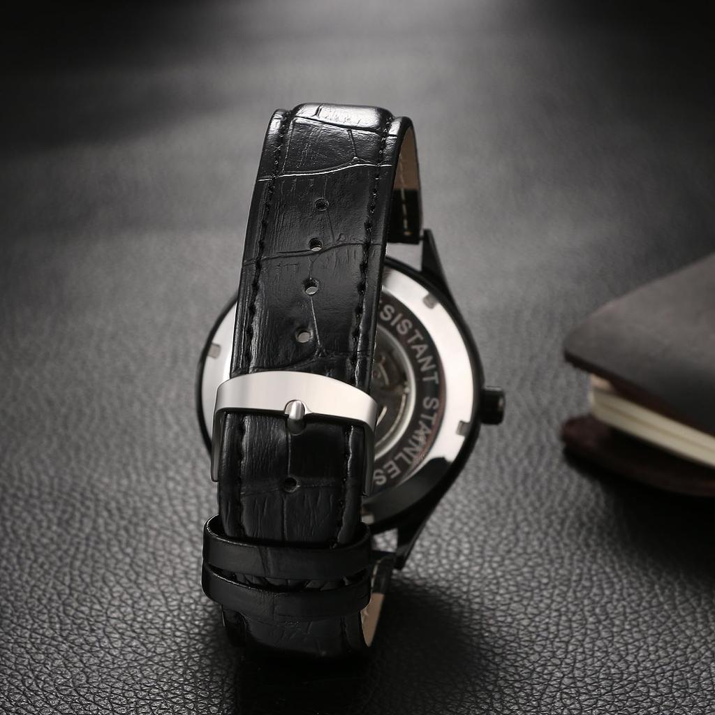 Automatic Watch with Genuine Leather Roman Dial Analog Luminous Skeleton Mechanical Suitable for and Casual Occasions Perfect Gift for Day Men's