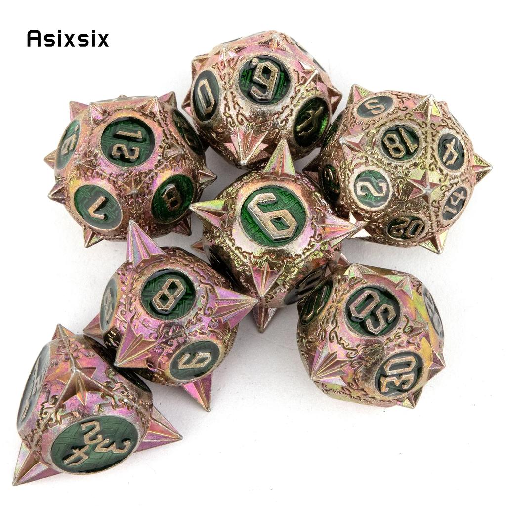 7 Pcs Red Green Meteor Hammer Metal Dice Solid Metal Polyhedral Dice Set Suitable For Role-Playing Dice PropBoard Game Gift