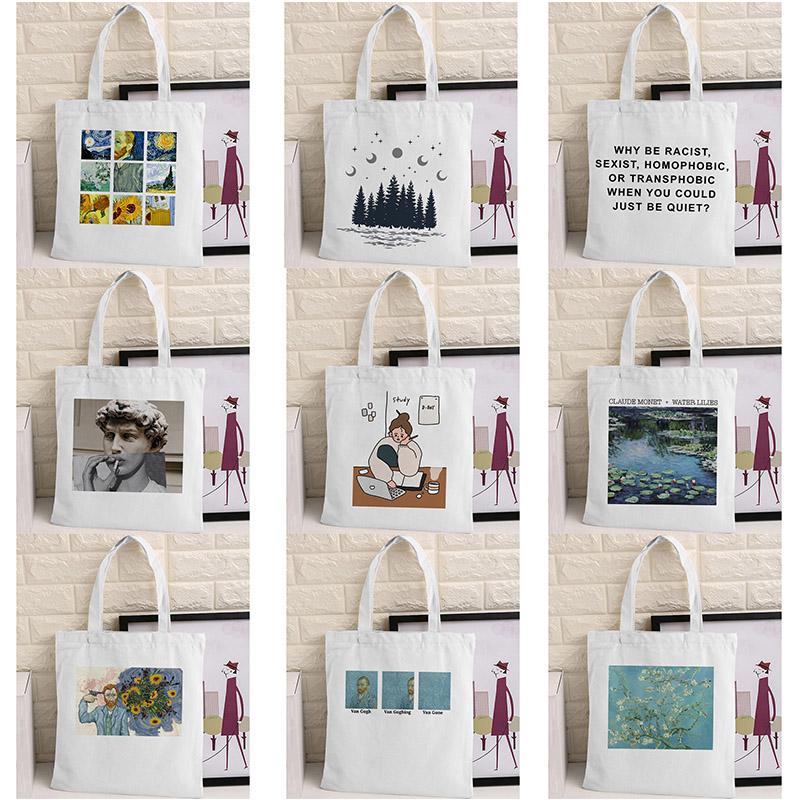 Women Graphic College Harajuku Shopper Bag Van Gogh Sunflower Starry Sky Shopping Bag Women Canvas Shoulder Bag Large Tote Bag