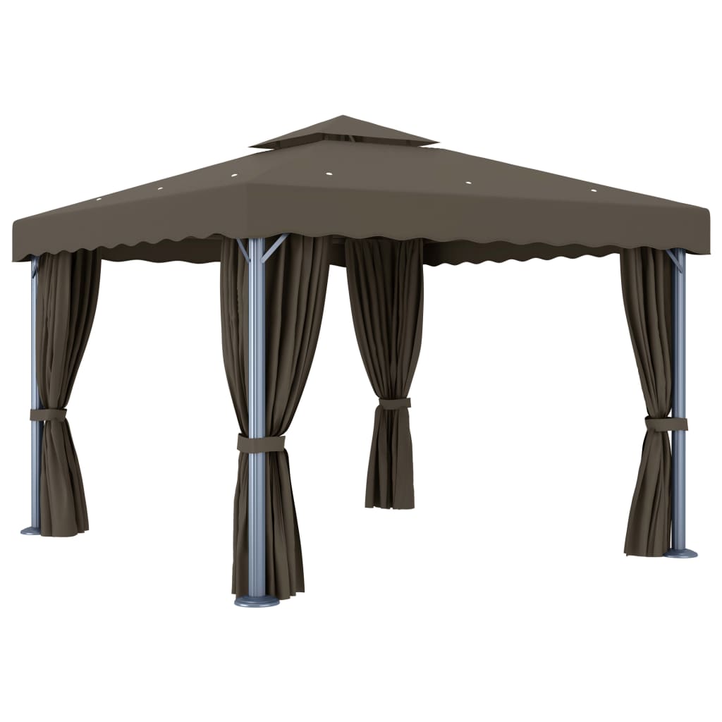 Gazebo with Curtains & Solar Powered LED String Lights 3x3 M Taupe