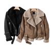 Womens Faux Suede Biker Jacket Thickened Warm Loose Fit Streetwear Coat With Zipper Pockets