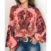 Spring and Autumn Women's Digital Print Round Neck Lantern Sleeve Shirt