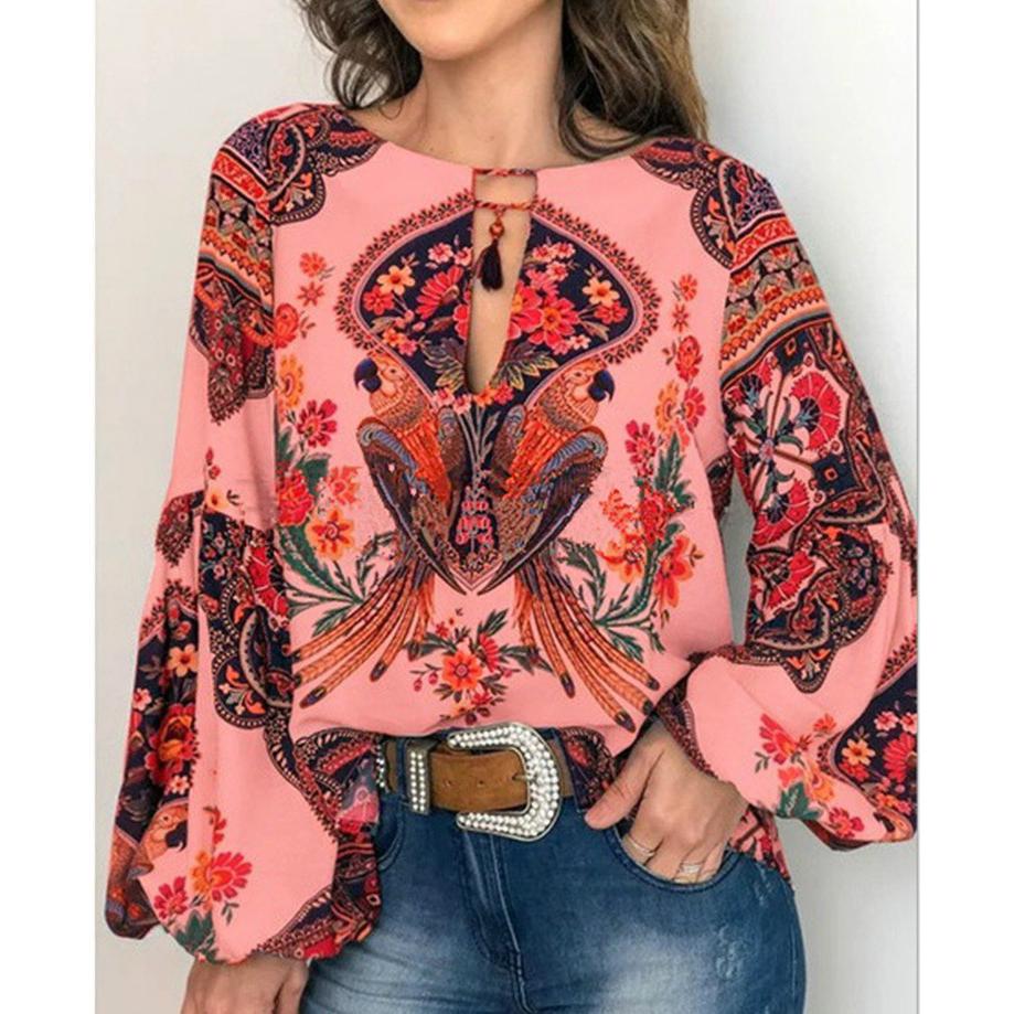 Spring and Autumn Women's Digital Print Round Neck Lantern Sleeve Shirt