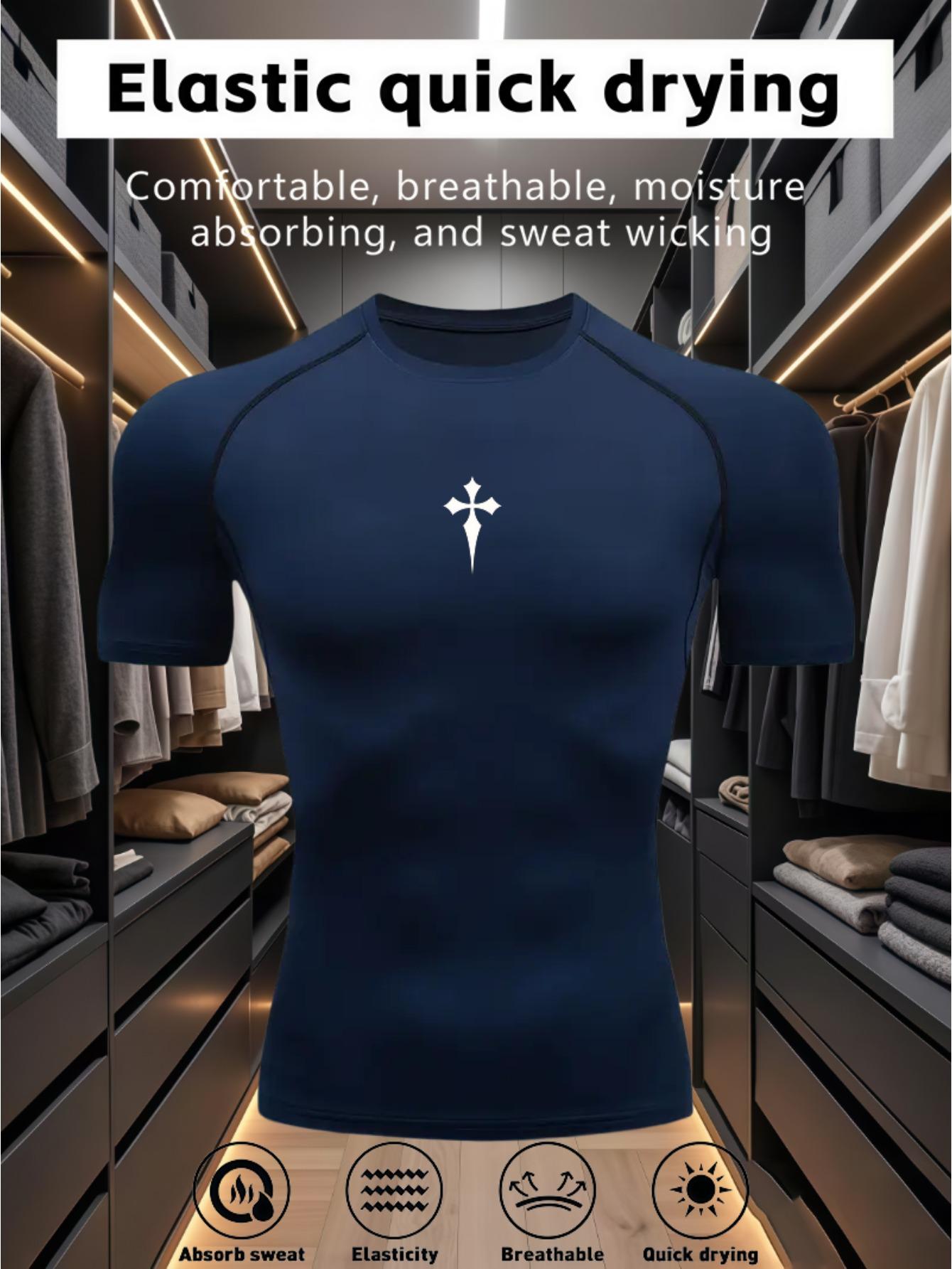 Men s Black Cross Print Compression T-Shirt, Elastic Quick Drying Breathable Gym Workout & Sports Training Top S тёмно-синий