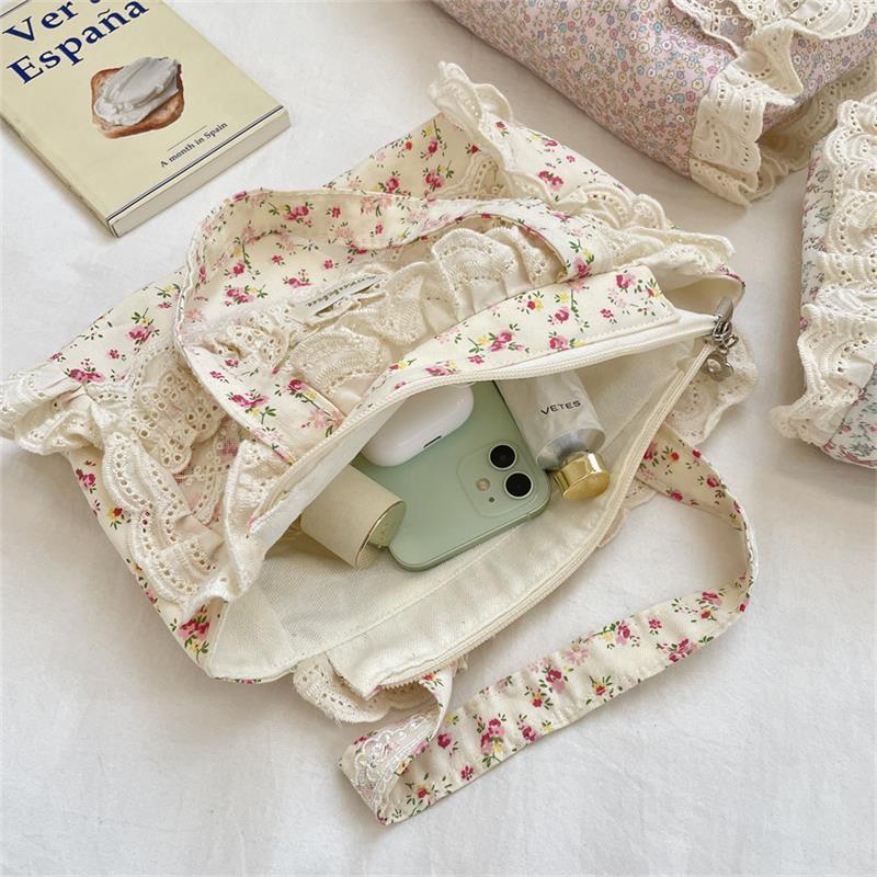 Cute Sweet Lace Floral Handbag Large Capacity Casual Commuting Tote Bag Portable Storage Bag Girl Heart Clutch Cosmetic Bag Gift