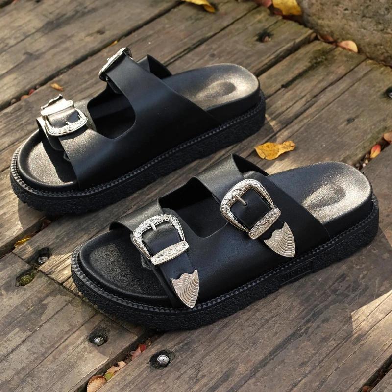 Fashion Women's Sandals High Quality Leopard Metal Buckle Design Slippers Sexy Comfort Non Slip Slide Sandals Summer Platform Flip Flops