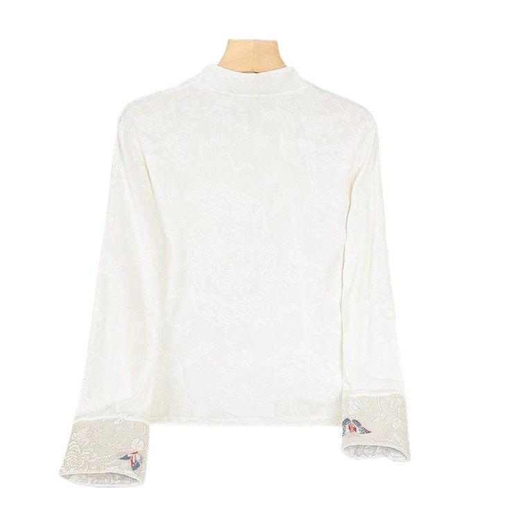 2024 Women's Retro Jacquard Frog Button Long Sleeve Shirt with Stand Collar