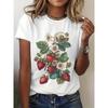 European Size Women's Vintage Strawberry and Floral Pattern T-Shirt- Casual Round Neck Short Sleeve Top, Spring Summer Bohemian Fashion Style