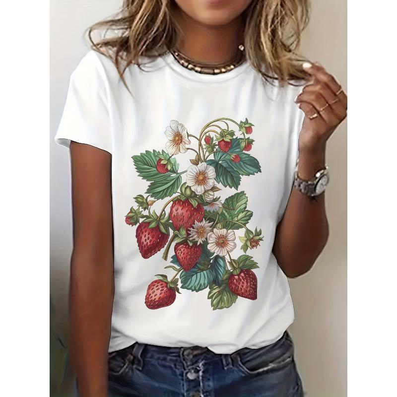 

European Size Women s Vintage Strawberry and Floral Pattern T-Shirt- Casual Round Neck Short Sleeve Top, Spring Summer Bohemian Fashion Style 4XL