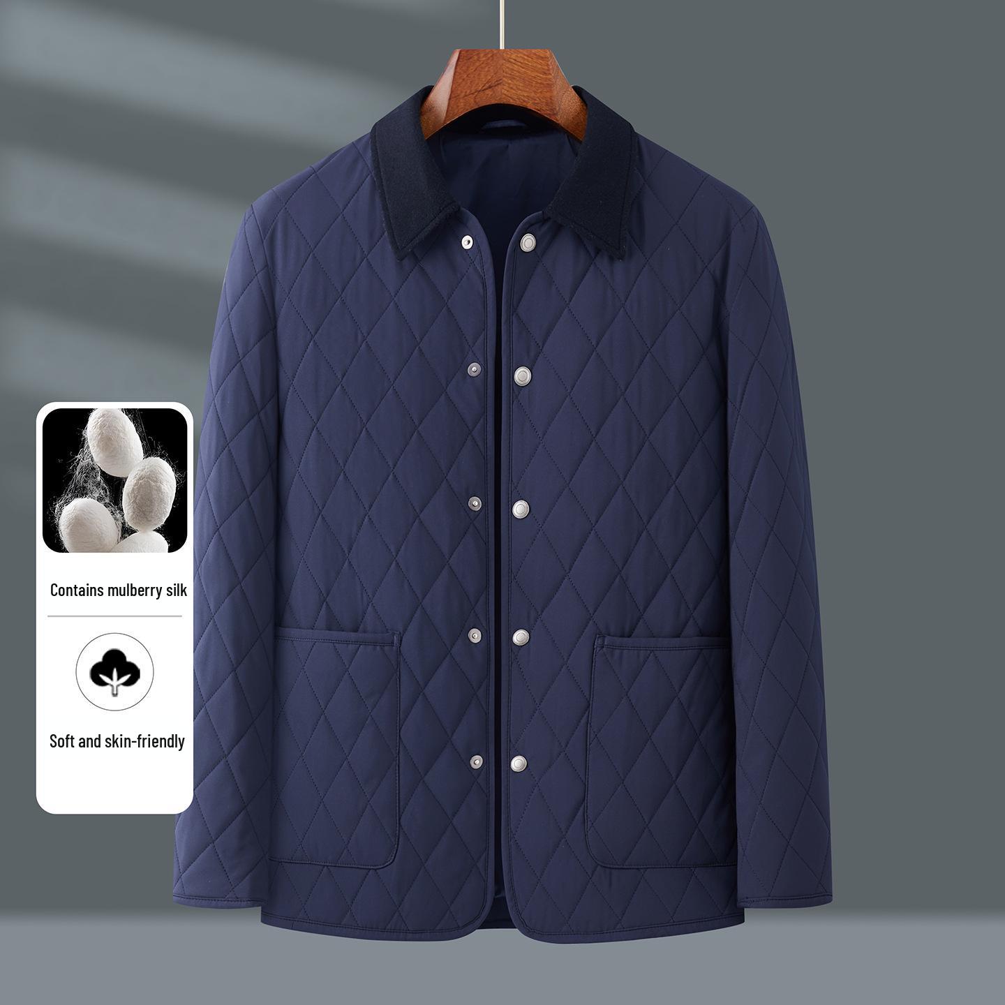 

New Autumn Winter Mulberry Silk Cotton Lapel Jacket for Middle-aged Business 4XL темно-синього кольору