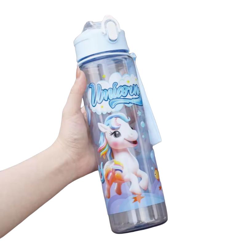 Einfarbige Pony-Wasserflasche 750ML mit Strohhalm Niedliche Cartoon-Wasserbecher für Kinder Camping Trinkflasche