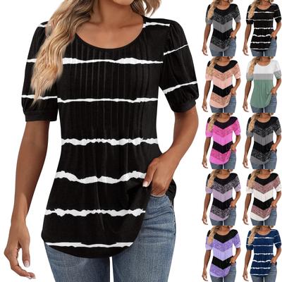 Damskie bufiaste tuniki z krótkim rękawem Topy z plisowanym dekoltem Bluzki Casual Luźne wiosenne i letnie t-shirty
