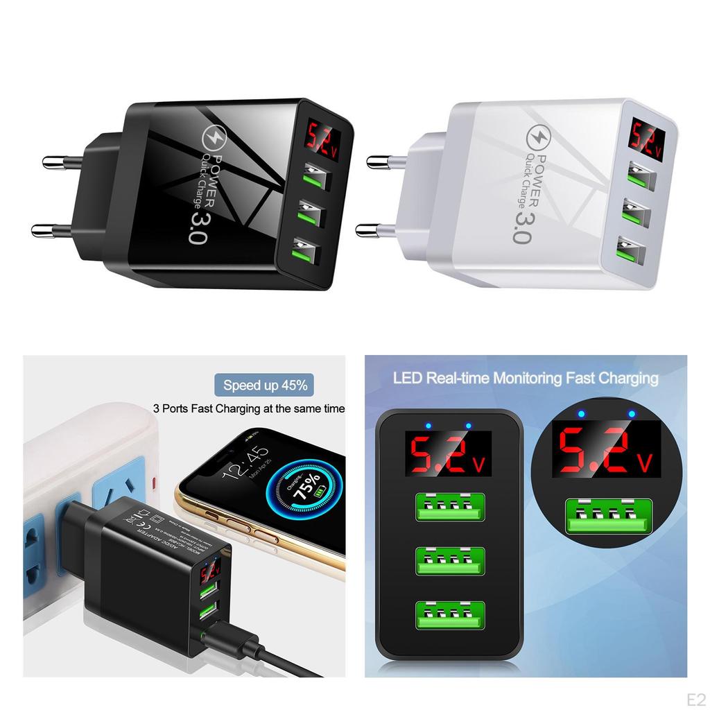 3USB Digital Display Fast Charging Portable Charger for Travel Black