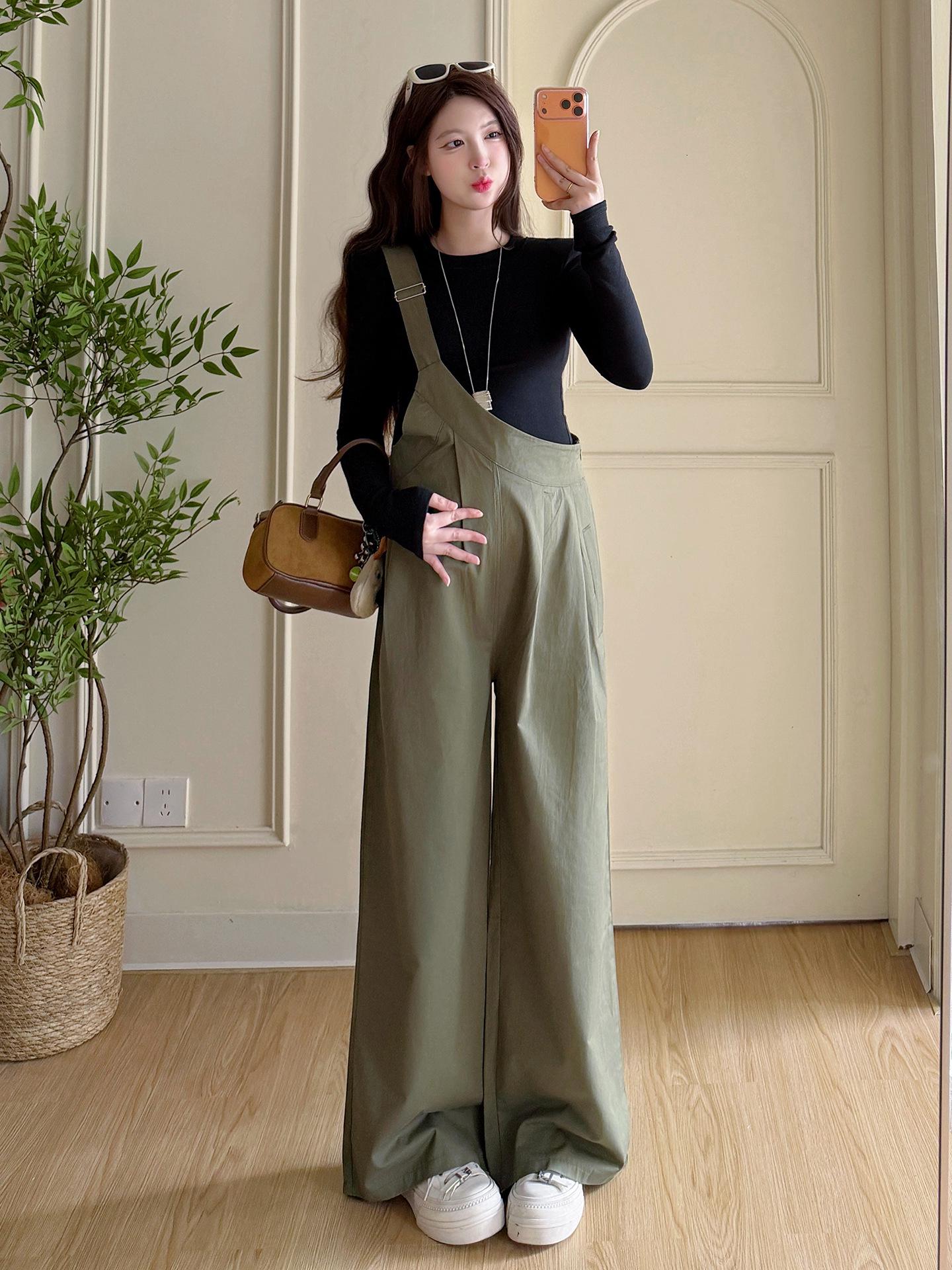2026 Early Spring Military Green Maternity Workwear: High-Waist, Slimming, Loose Wide-Leg Overalls with Inner 2-Piece Set XL