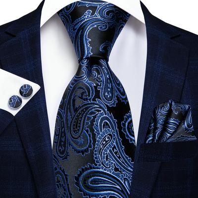 Mens Silk Tie Blue Paisley Necktie Handkerchief Cufflinks Set for Party Wedding Business