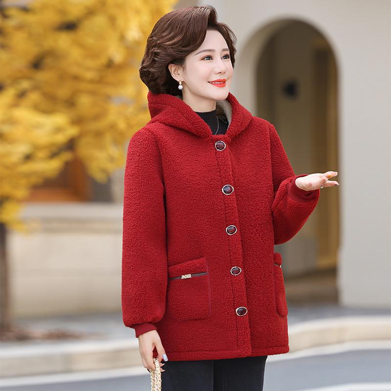 Mamas Herbst-/Winter-Kapuzenjacke aus Lammwolle für Damen, Plüsch-Samt, Verdickte warme Baumwolle für mittlere und ältere Menschen, Strukturierter Samt