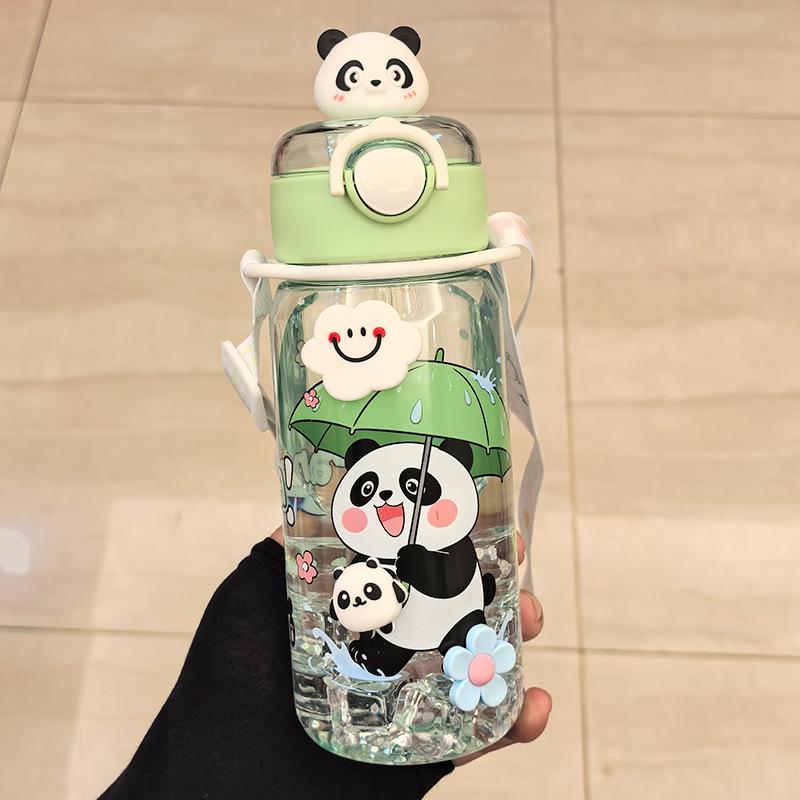 Portable Cartoon Water Cup with Strap - Durable, High-Temperature Resistant Plastic, One-Button Open Straw