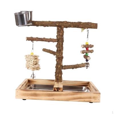 Wood Parrot Perch Bird Cage Accessories Platform with Toys Removable Tray and 2 Stainless Steel
