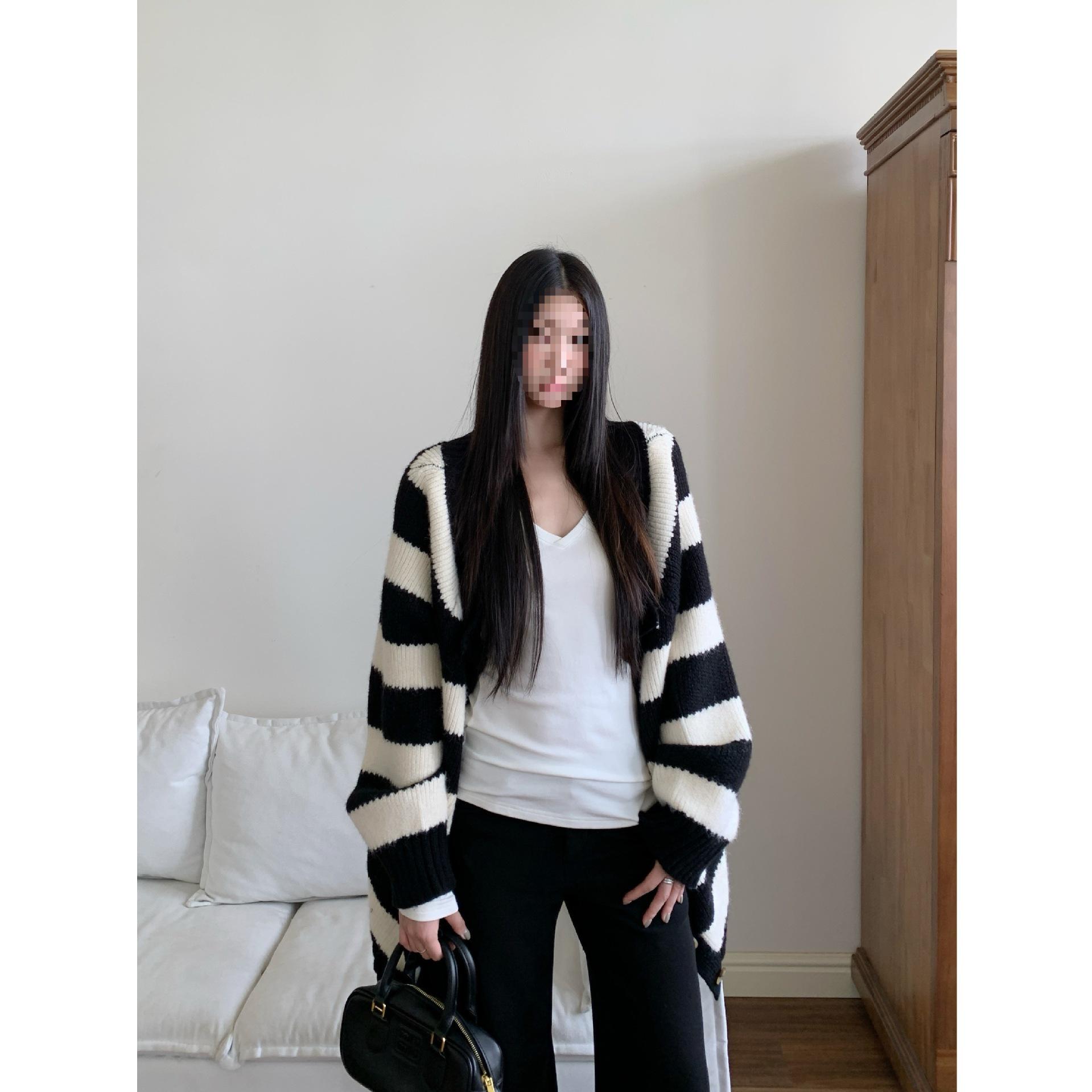 Женский осенне-зимний полосатый свободный кардиган-свитер, стройнящий, в стиле кэжуал Large