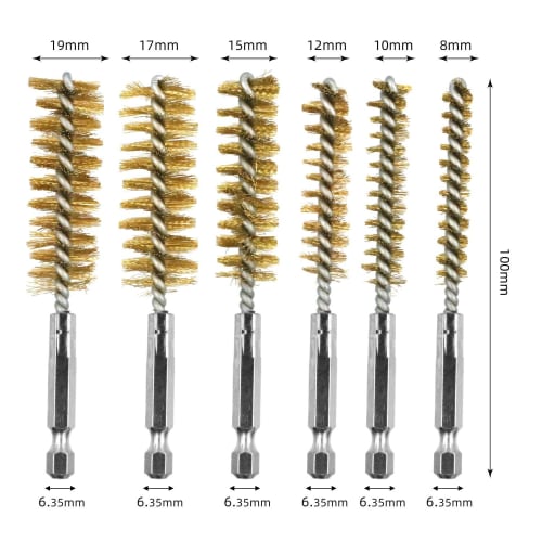 Hexagonal Shaft Brass Wire Brush, Brush-Shaped Polishing Brush, 6-Piece Set (8mm, 10mm, 12mm, 15mm, 17mm, 19mm) for Electric Drills, Stainless Steel a