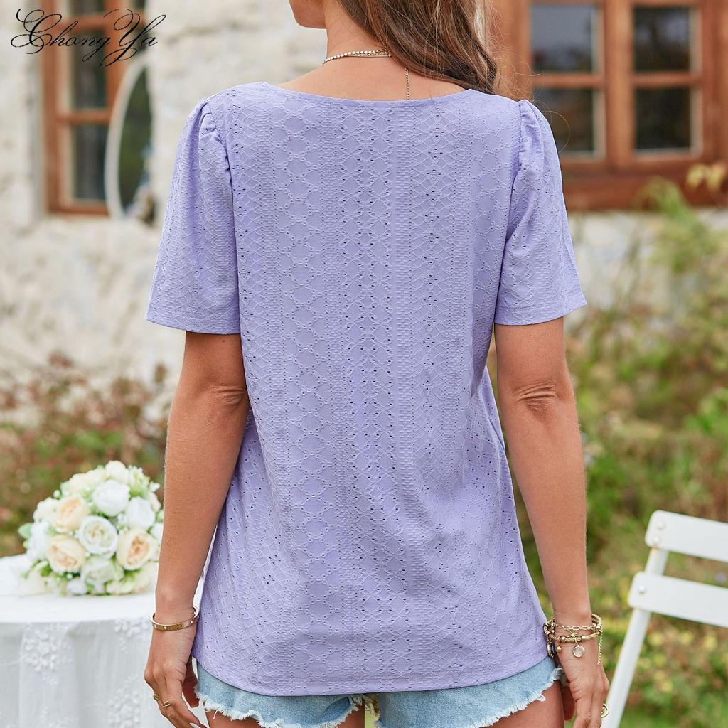 New Women's T-shirt Square Neck Hollow Short Sleeve