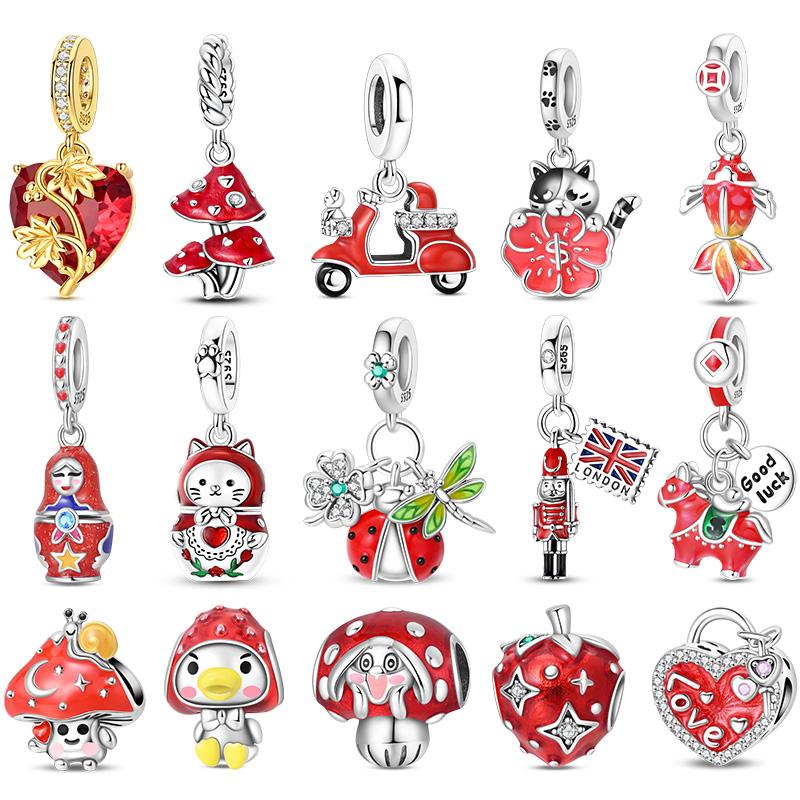 925 Silver Red Series Cat Ladybug Koi Fish Heart-Shaped Charms Beads For Women Fit Bracelet DIY Jewelry Gifts
