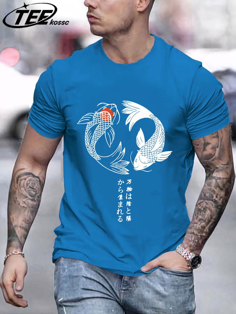 Two Koi Fish Swimming In WatertShirts Men Cotton Casual T Shirt Breathable Crewneck Short Sleeve Unisex Summer Fashion Clothing