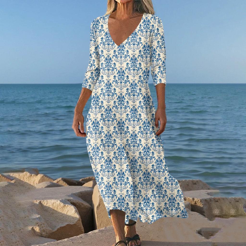 Sukienki Damskie Sukienka Midi z Tuniką w Stylu Vintage z Nadrukiem, z Wcięciem w Talii, Letnia Codzienna Sukienka z Rękawem 3/4