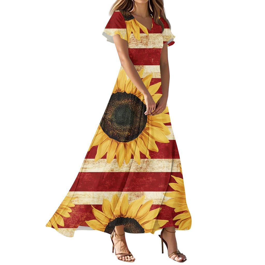 Women's Independence Day Printed Casual Fashion Dresses V-Neck Short Sleeve Dresses