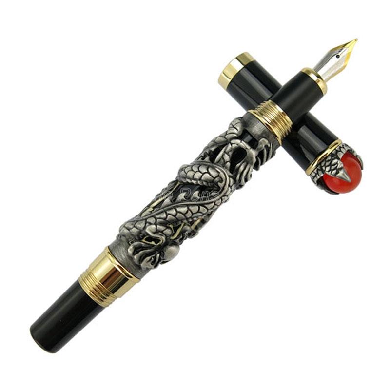 Jinhao Oro Brillante Metallo Drago Antico Re Intaglio Perla Goffratura Pennino Medio Pennino Stilografica Ufficio Scuola Cancelleria
