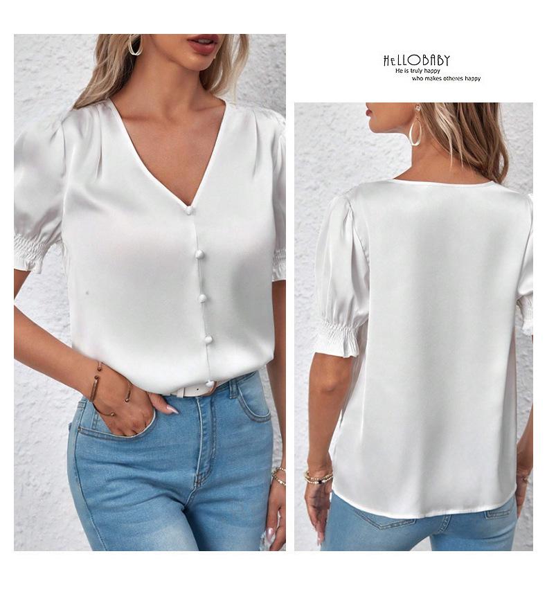 New Satin V-neck Button-up Ruffle Blouse - Spring/Summer Casual Short Sleeve French Style