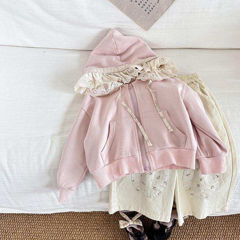 Girls Korean Style Jacket New Children's Autumn Pastoral Cute All-match Hat Lace Edge Zipper Sweater