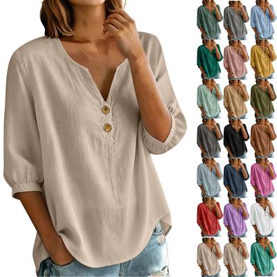 Women's Casual Linen Blend Henley Button Neck Shirt Three Quarter Sleeve Lightweight Loose Fit Top for Everyday Wear