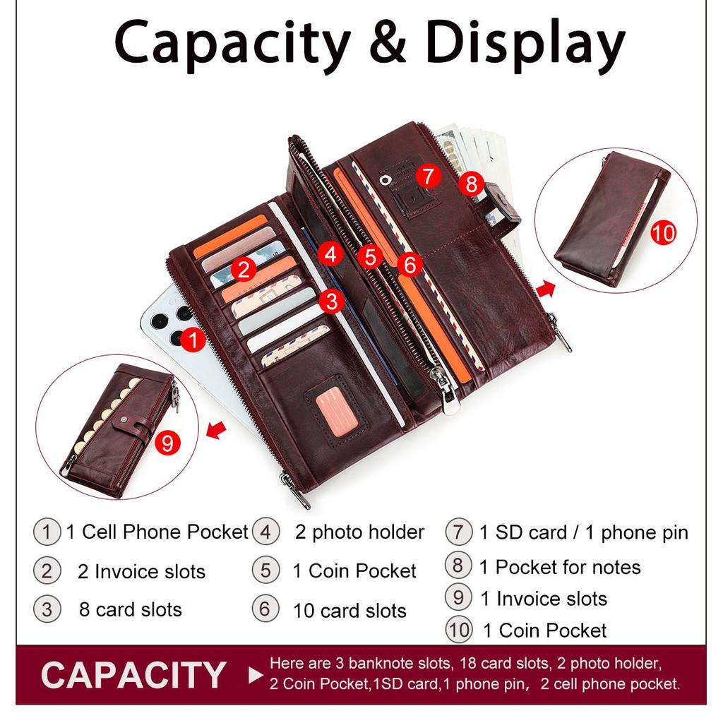 CONTACT'S Genuine Leather Wallet Long Clutch Bag For Women Zipper Phone Pocket Coin Purse Quality Card Holder