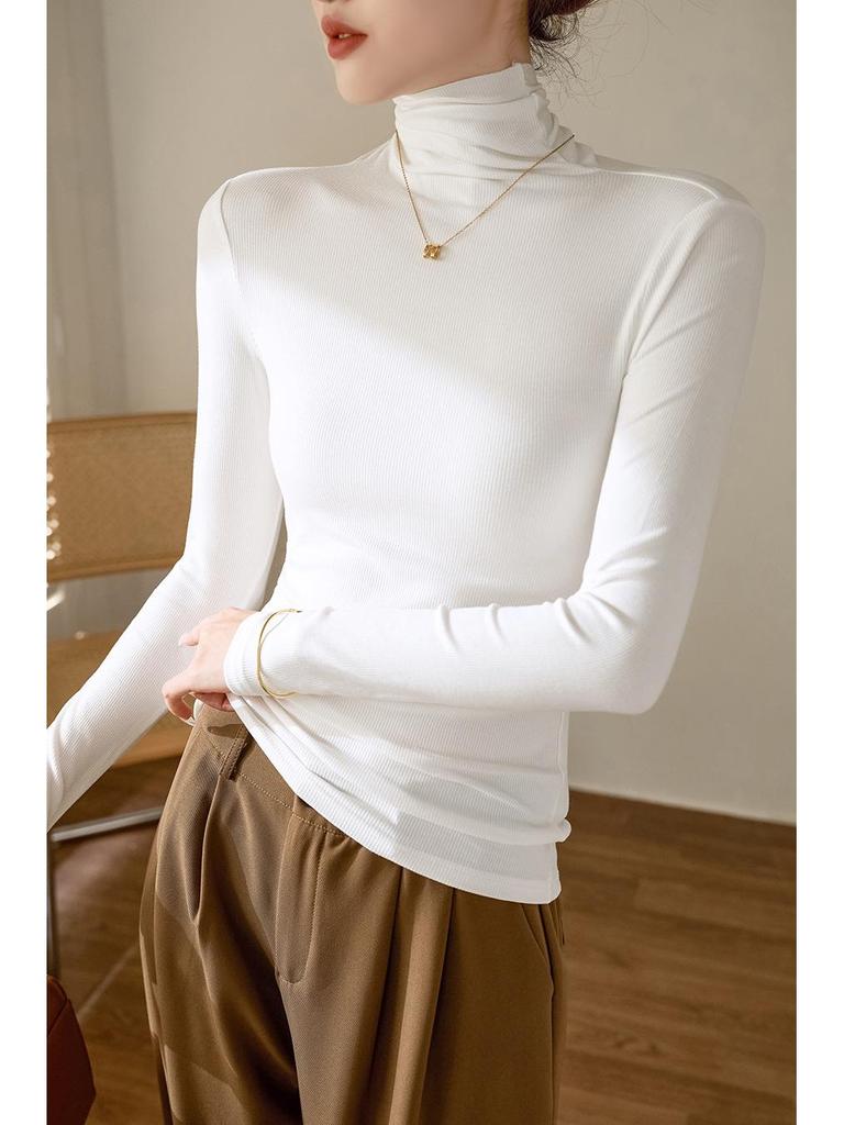 Top Feminino Slimming Elástico de Algodão Canelado Gola Alta Manga Longa - Outono/Inverno 2025