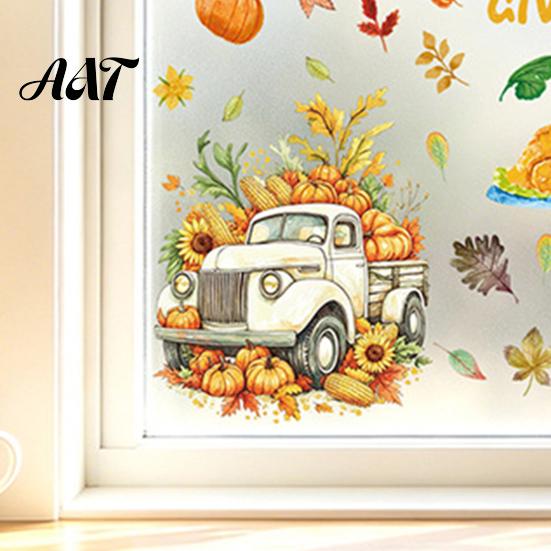 Autumn Theme Ornaments 4 Sheets Harvest Static Window Stickers, Maple Leaves Pumpkins Scarecrow Pickup Truck Thanksgiving Decals Decals, Removable