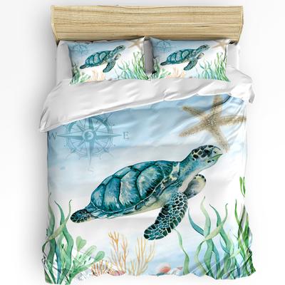 Nautisches Thema Meeresschildkröte Seestern Kompass Bettbezug mit Kissenbezug 3-teiliges Bettwäscheset Steppdeckenbezug Doppelbett Heimtextil