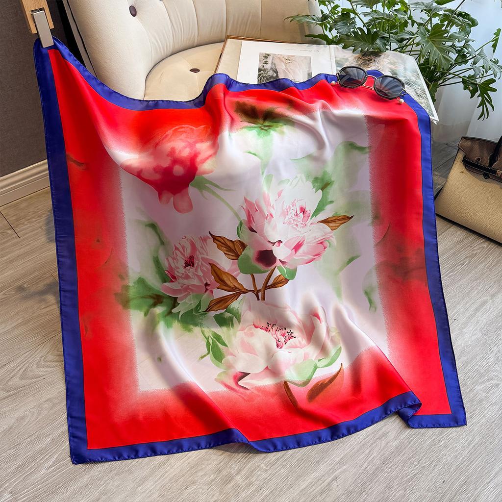 Spring New Printing 90 * 90 Square Scarf Simulation Silk Scarf Satin Flower Headscarf Scarf
