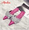 Fashion Aphixta  Appliques Crystals Silk Women Slippers Fashion Mules Rose Red Flat Heel Autumn Flowers Pointed Toe Slides
