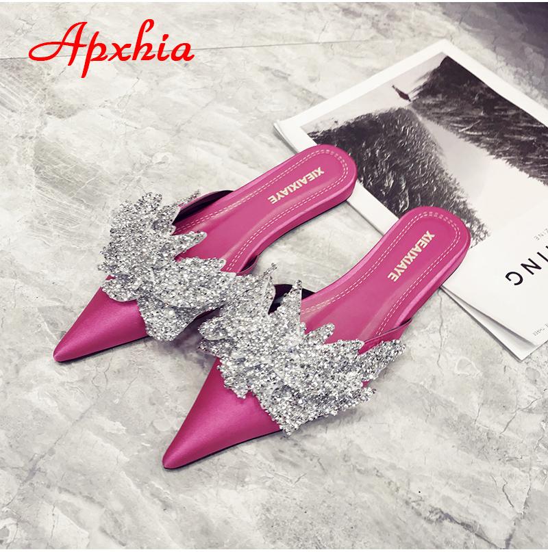 Fashion Aphixta  Appliques Crystals Silk Women Slippers Fashion Mules Rose Red Flat Heel Autumn Flowers Pointed Toe Slides