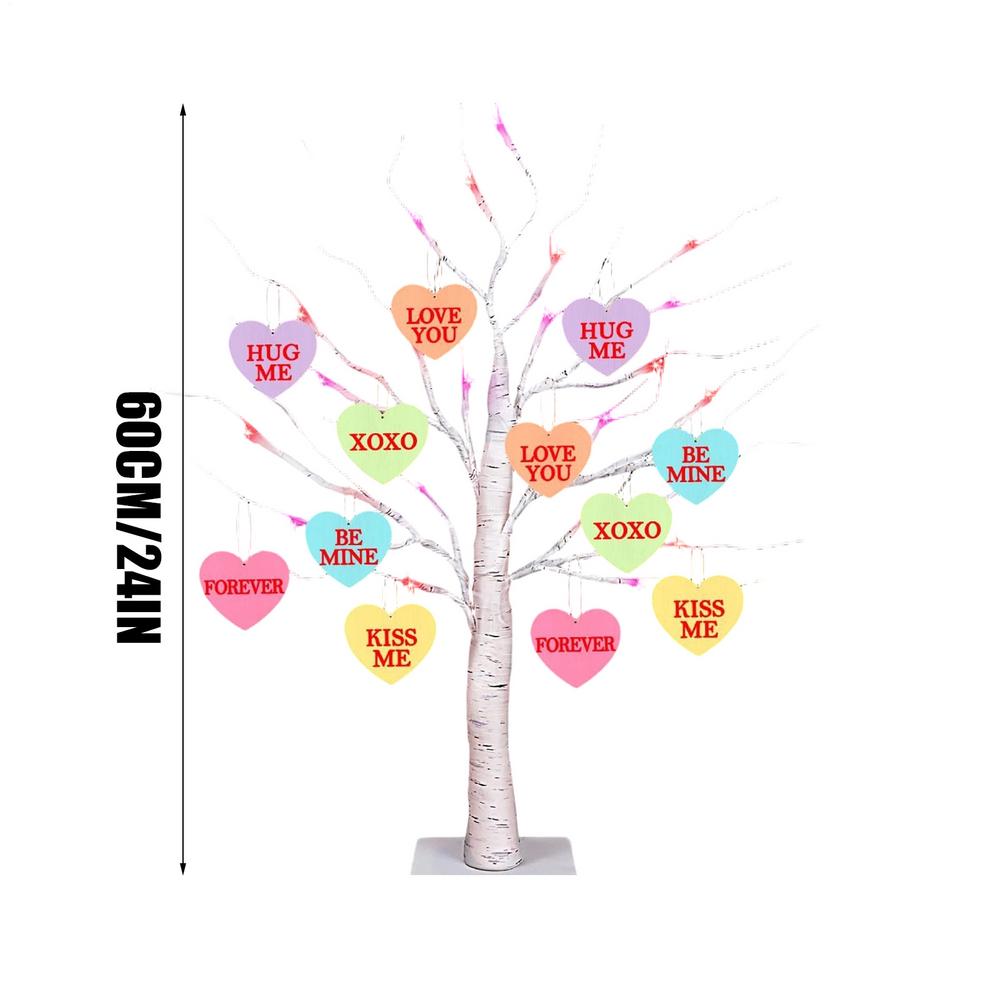

Световая береза для украшения на День святого Валентина, 24 дюйма, искусственное светодиодное дерево, подвесные украшения в форме сердца