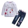 Girls Spring Autumn Long Sleeve Printed Sweatshirt and Denim Pants Set