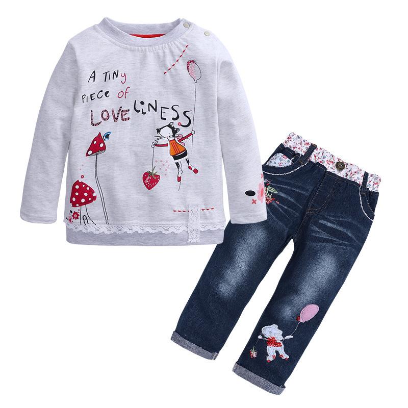 Girls Spring Autumn Long Sleeve Printed Sweatshirt and Denim Pants Set 90