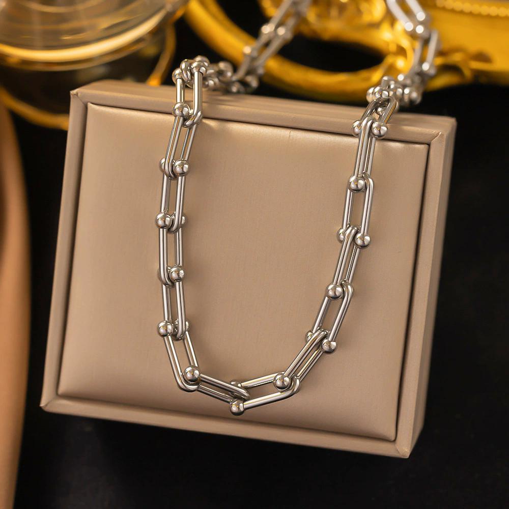 316L Stainless Steel Fashion Stitching U-shape Stitching Thick Chain Necklace Bracelet Earring Set Wedding Zircon Set