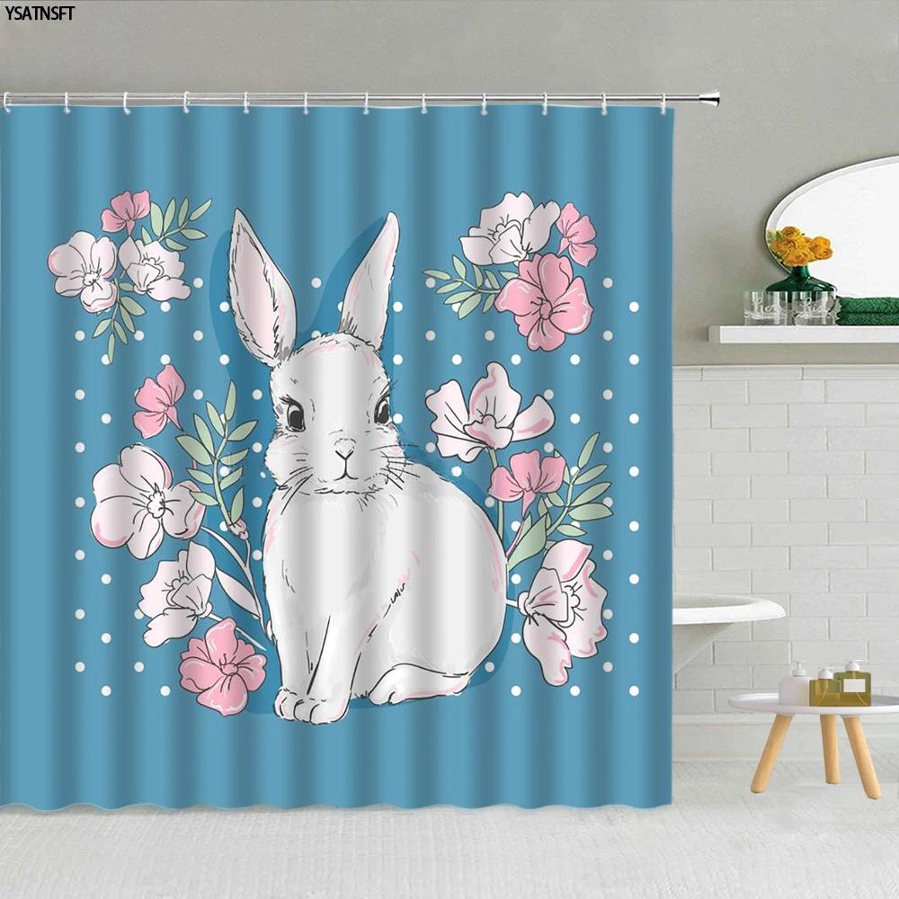 Funny Bunny Easter Shower Curtain Rabbit Colorful Egg Flower Wood Striped Backdrop Bathroom Decor Washable Fabric Hooks Curtains
