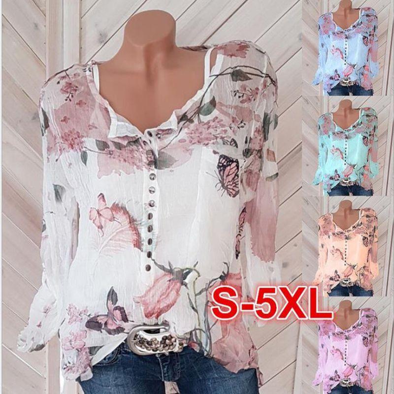 Premium Quality Chiffon Women Casual Floral Printed Buttons T-shirt Irregular Tops Blouse